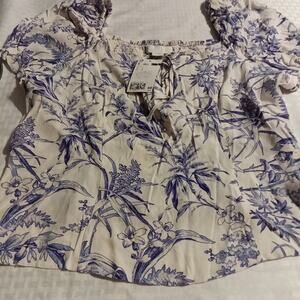 H&M blue and white floral puff-sleeve blouse Lg Beach Summer Y2k Women Boho